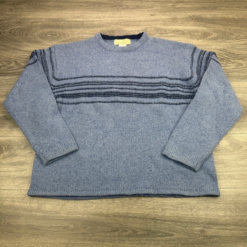 Irelandseye Sweater Mens XL Blue Silk Wool Textured Stripe Irish Knit Pullover